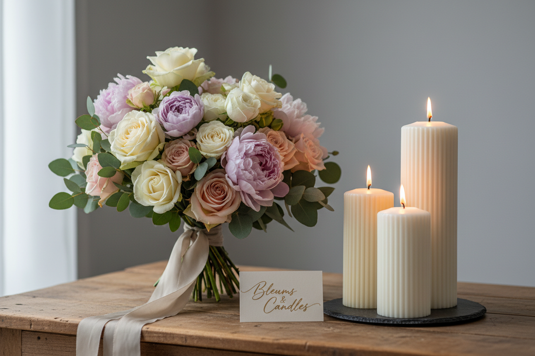 bouquet of flowers and pillar candles with Bleums & Candles 